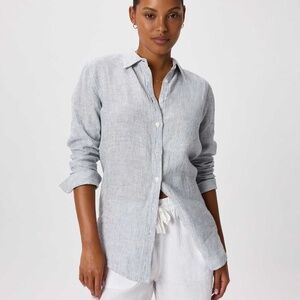 Quince European Linen Long Sleeve Blue Pinstripe Button Front Shirt SzXS Preppy